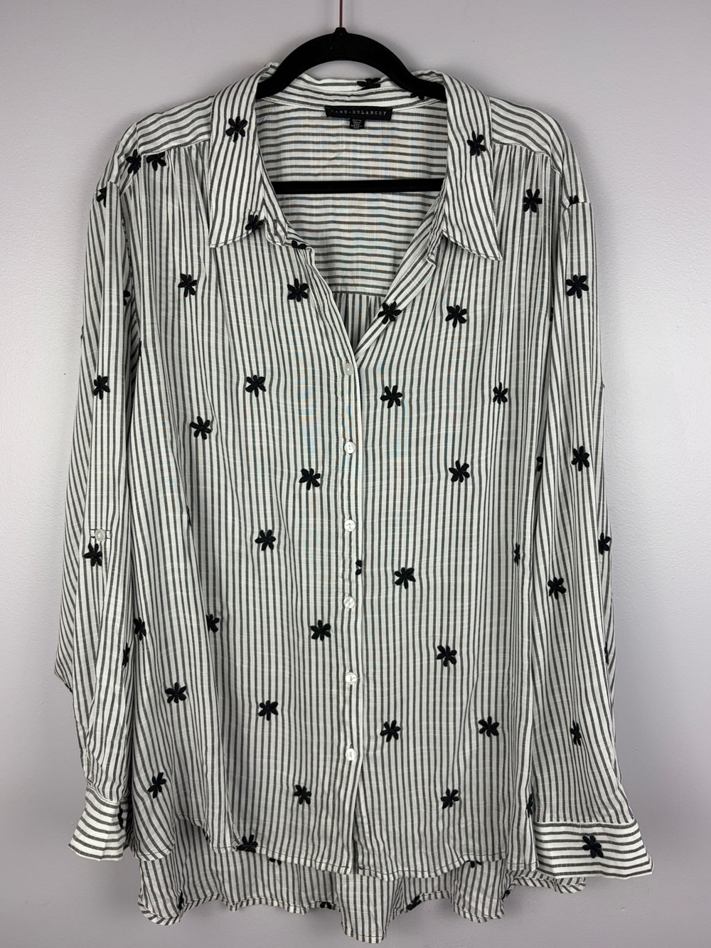 Jane + Delancey Black White Striped Floral Embroidered Shirt 3X
